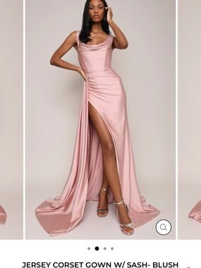 Blush Jersey Corset Evening Gown with High Slit and Draped Sash